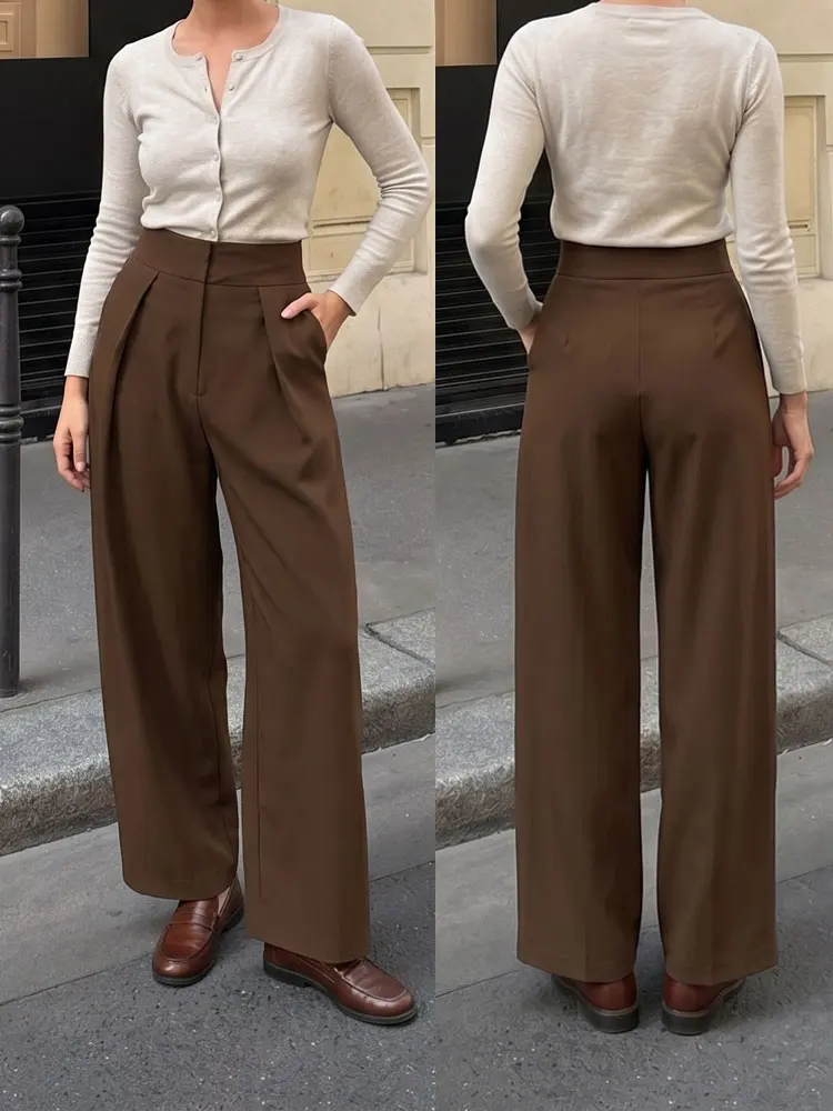 HH Damen Elegante Einfarbige Schicke Hosen für Pendler Frühling Sommer Streetwear Lässige Büro-Damenhose mit Reißverschluss Braune Plissierte Weite Hose