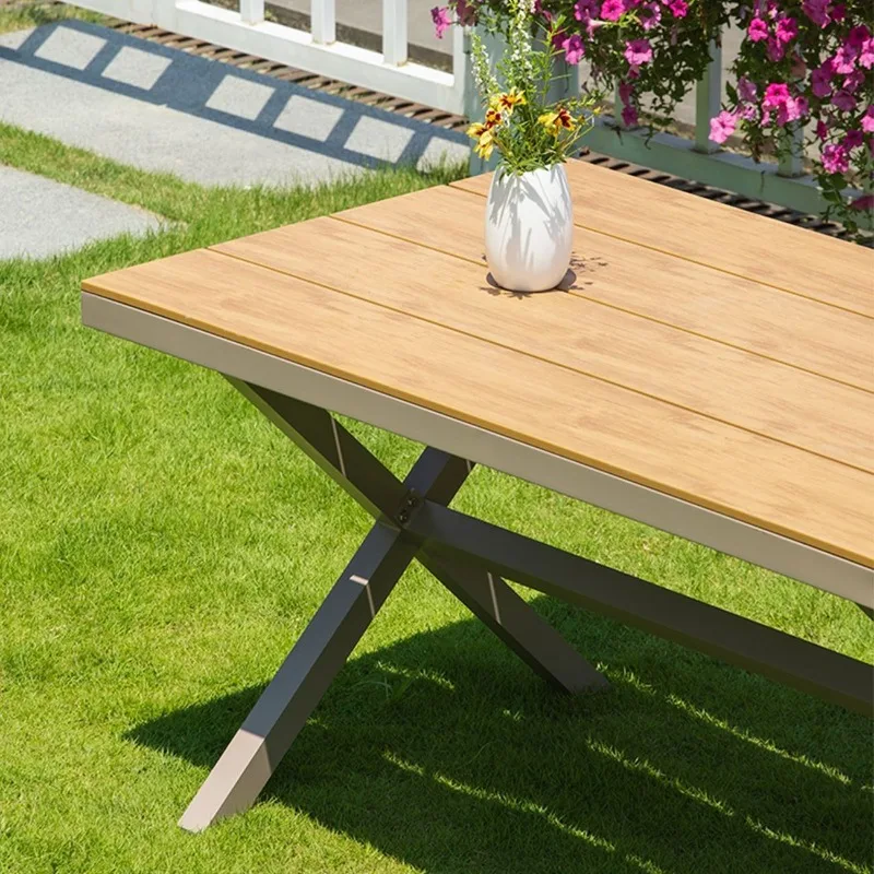 Waterproof and sunscreen plastic wood tables and chairs villa outdoor rattan chairs long dining table