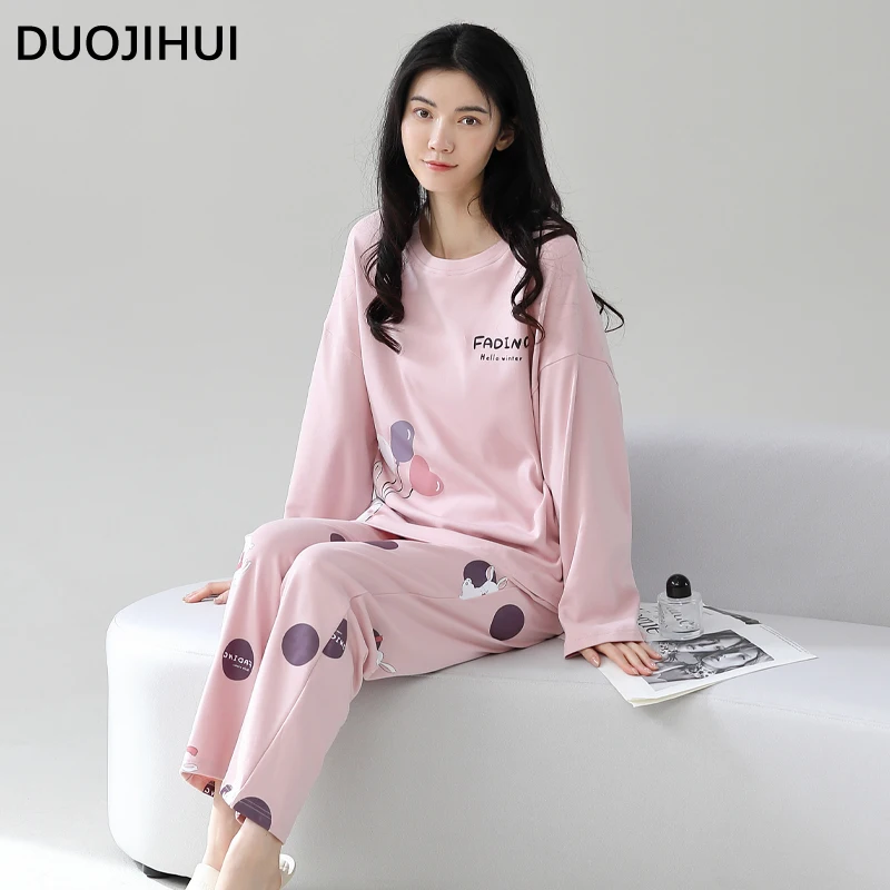 DUOJIHUI New Solid Color Fashion Print Women's Pajamas Set Basic Long Sleeve Top Loose Simple Pant Casual Home Pajamas for Women