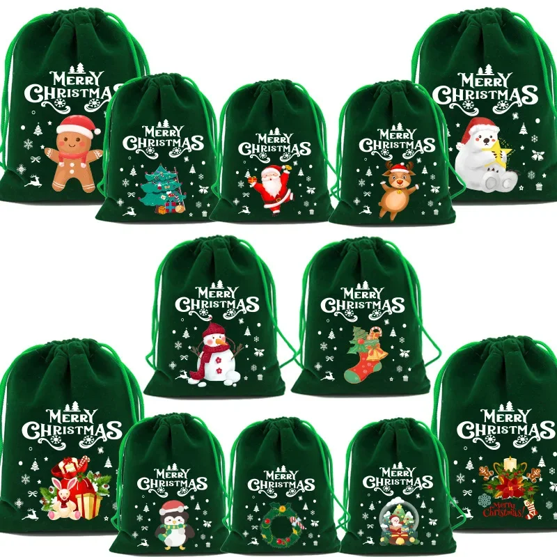 5 teile/los Weihnachten Muster Samt Taschen 9x12 15x20cm kleine Weihnachten Süßigkeiten Geschenk Tasche Kordel zug Beutel Boutique Schmuck Verpackung Taschen – Detail 3