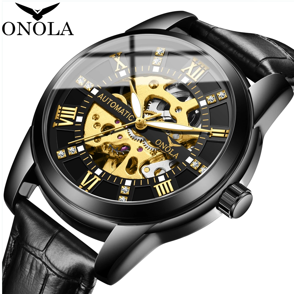 ONOLA Business Hollow Men\'s Fully Automatic Mechanical Watch Leather Waterproof Watch Strap Casual Watches Men