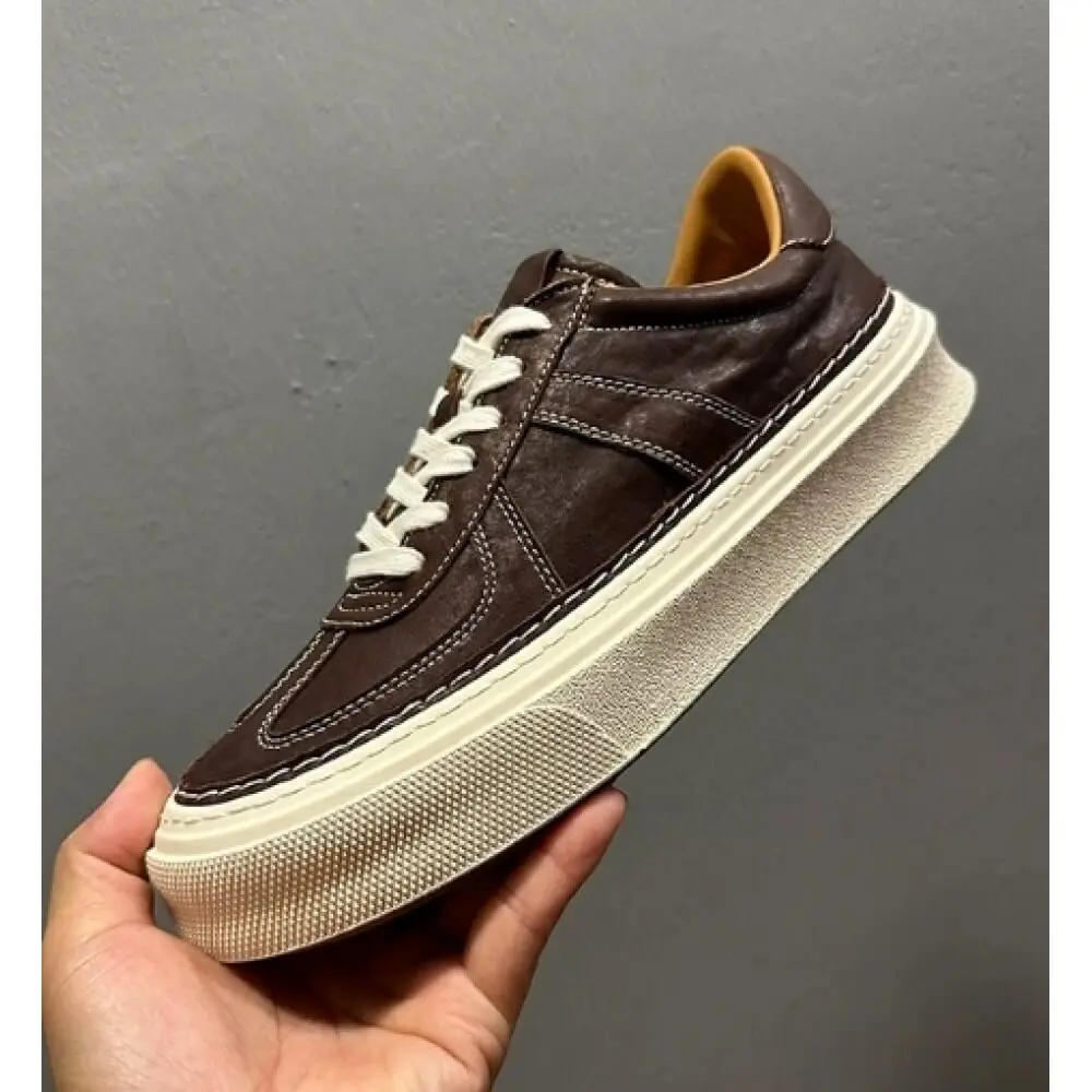 Dark Brown Burnished Leather Platform Sneakers, with off-white stitching and laces, stylish and comfortable,