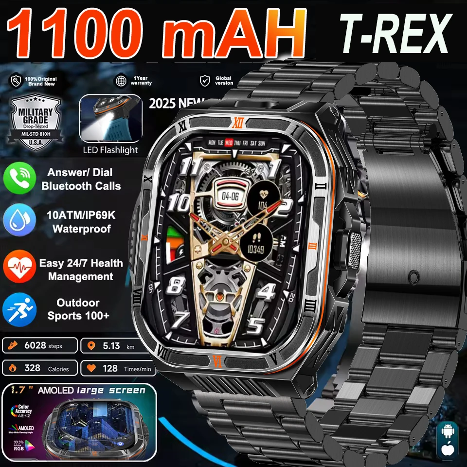 2026 New Military Grade Smart Watch for Men 2.01" AMOLED Screen 5ATM Waterproof Sports Fitness Tracker Bluetooth Call Function