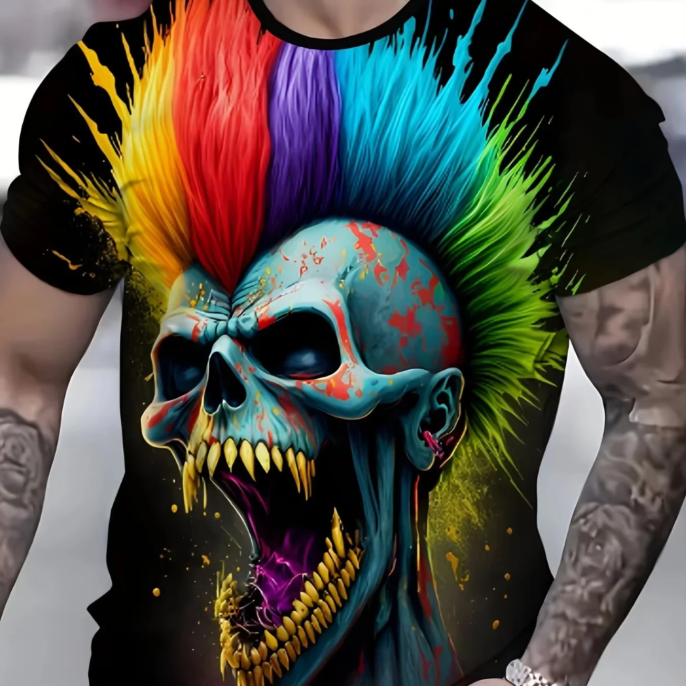 Fashion Men's Flaming Reaper With Glowing Eyes Print T-Shirt Summer Casual Short Sleeve Tops Street Hip-hop Man Clothes