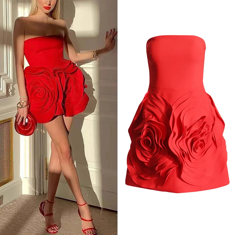 

New women's solid color sexy stitching applique short skirt strapless sleeveless chic dress elegant temperament evening dress