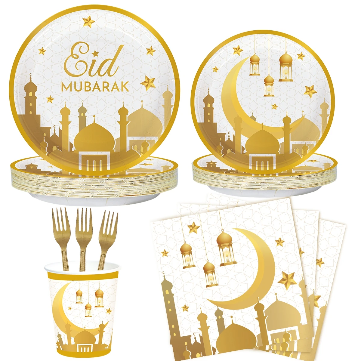 EID Mubarak Pappteller Tasse Ramadan Dekoration 2025, Ramadan Kareem Partyzubehör EID Mubarak Muslim Islamische Partyzubehör