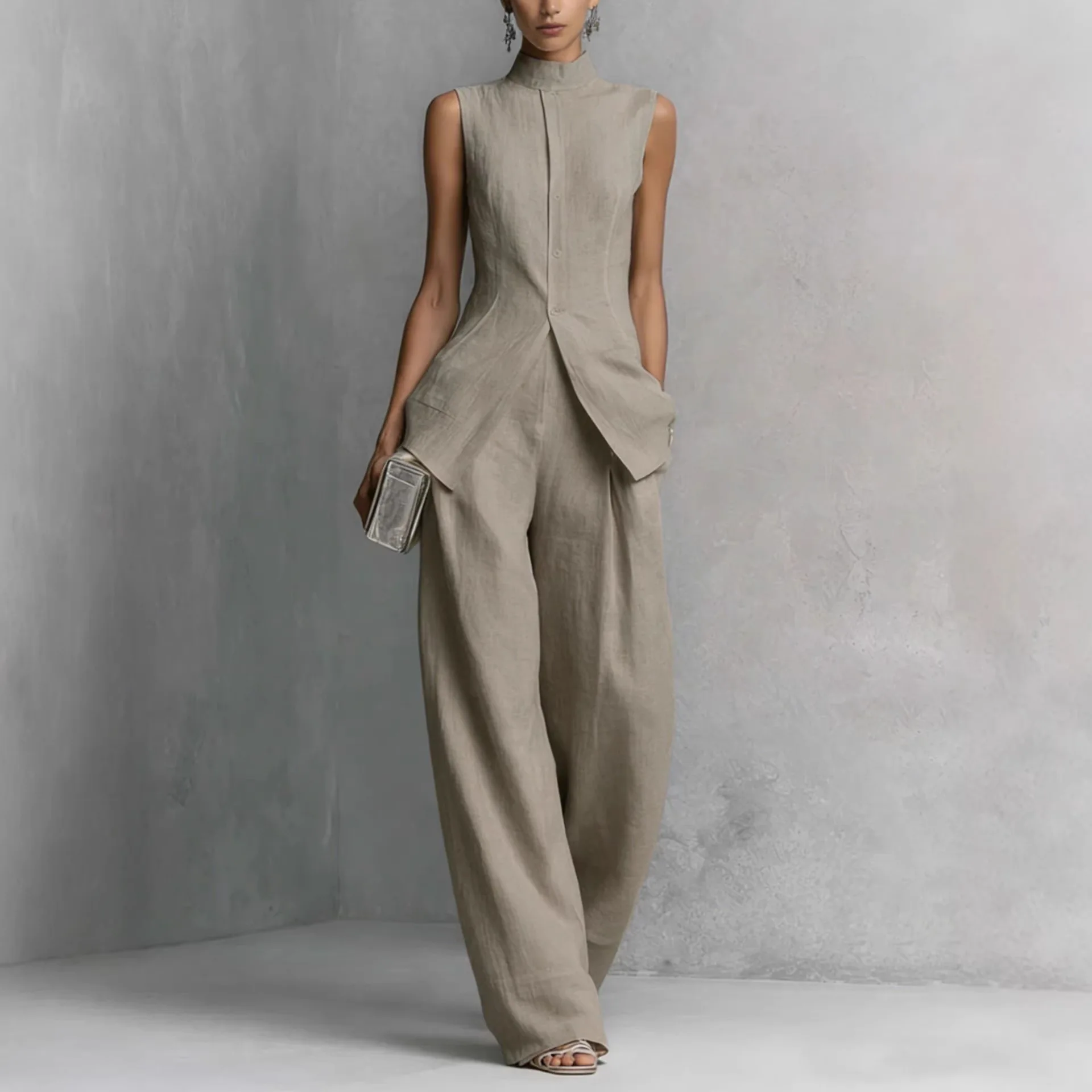 

Комплект из хлопково-льняной рубашки и брюк в европейском и американском стиле, 2026 год: однотонный, модный, элегантный, без рукавов, с драпировкой