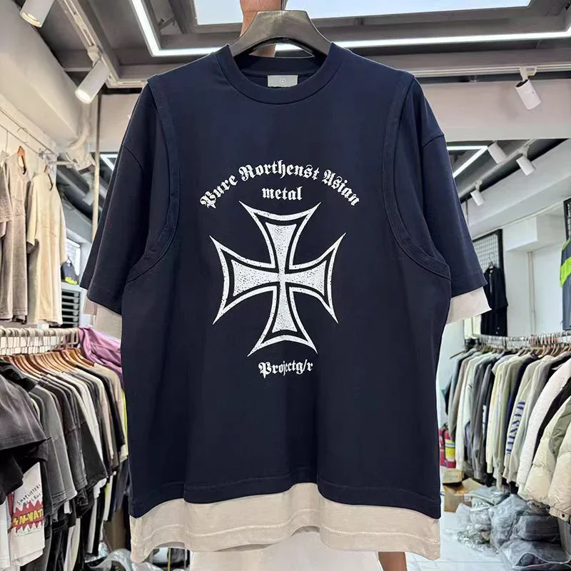 Khaki Color Blue Men Woman New T Shirt Three Pieces Splicing Cross Crack Printing Oversized Casual Trend Top Tees