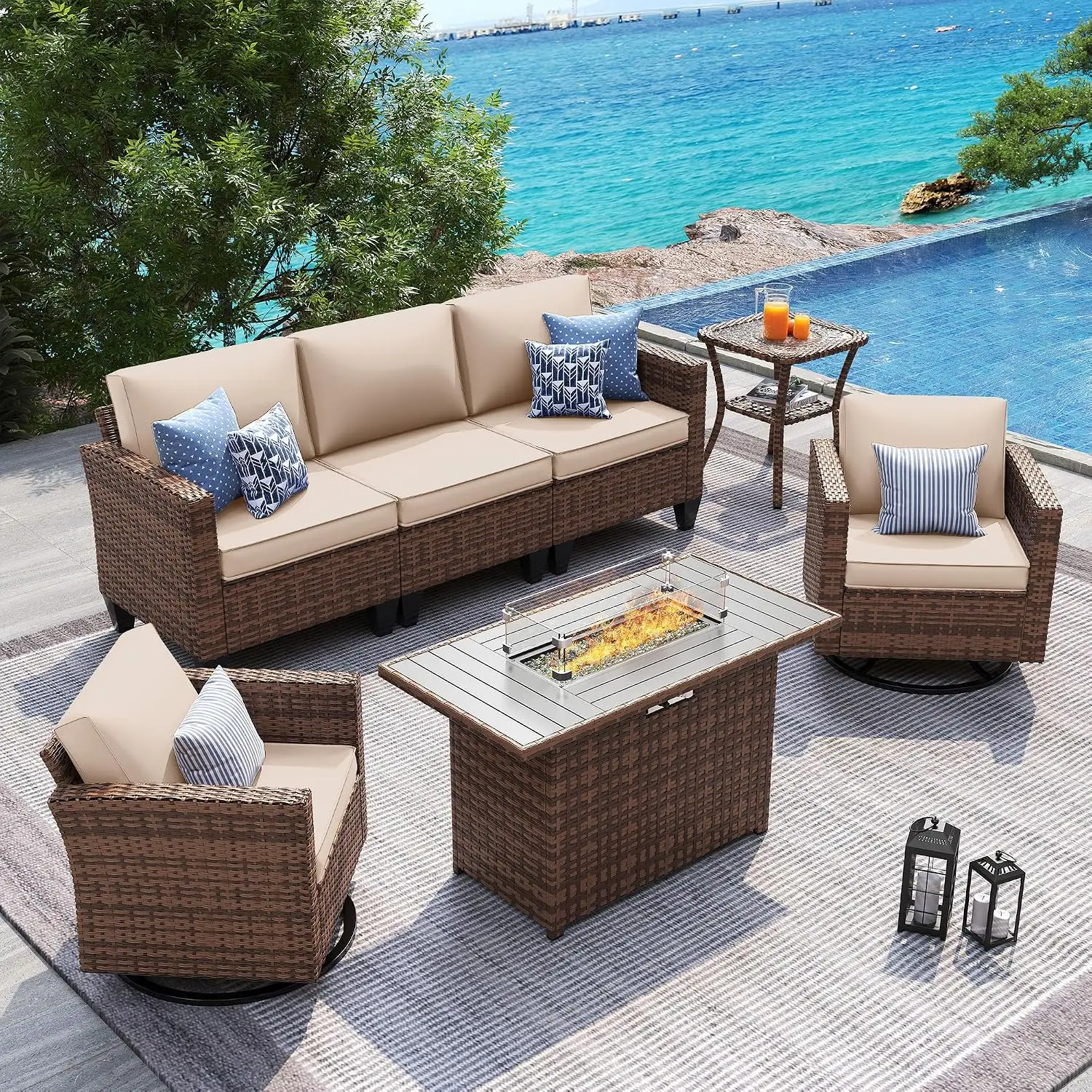Outdoor Outdoor Wicker Sofa Set with Fire Pit Table & Swivel Chairs, 5 Pieces with Waterproof Cover & 4'' Cushion, Khaki, Custom - Aliexpress Deal