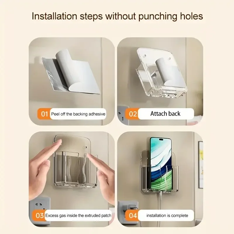 Transparent Wall-Mounted Universal Cell Phone Holder With Charging Holes Adhesive Remote Control Base Bedside Organizer