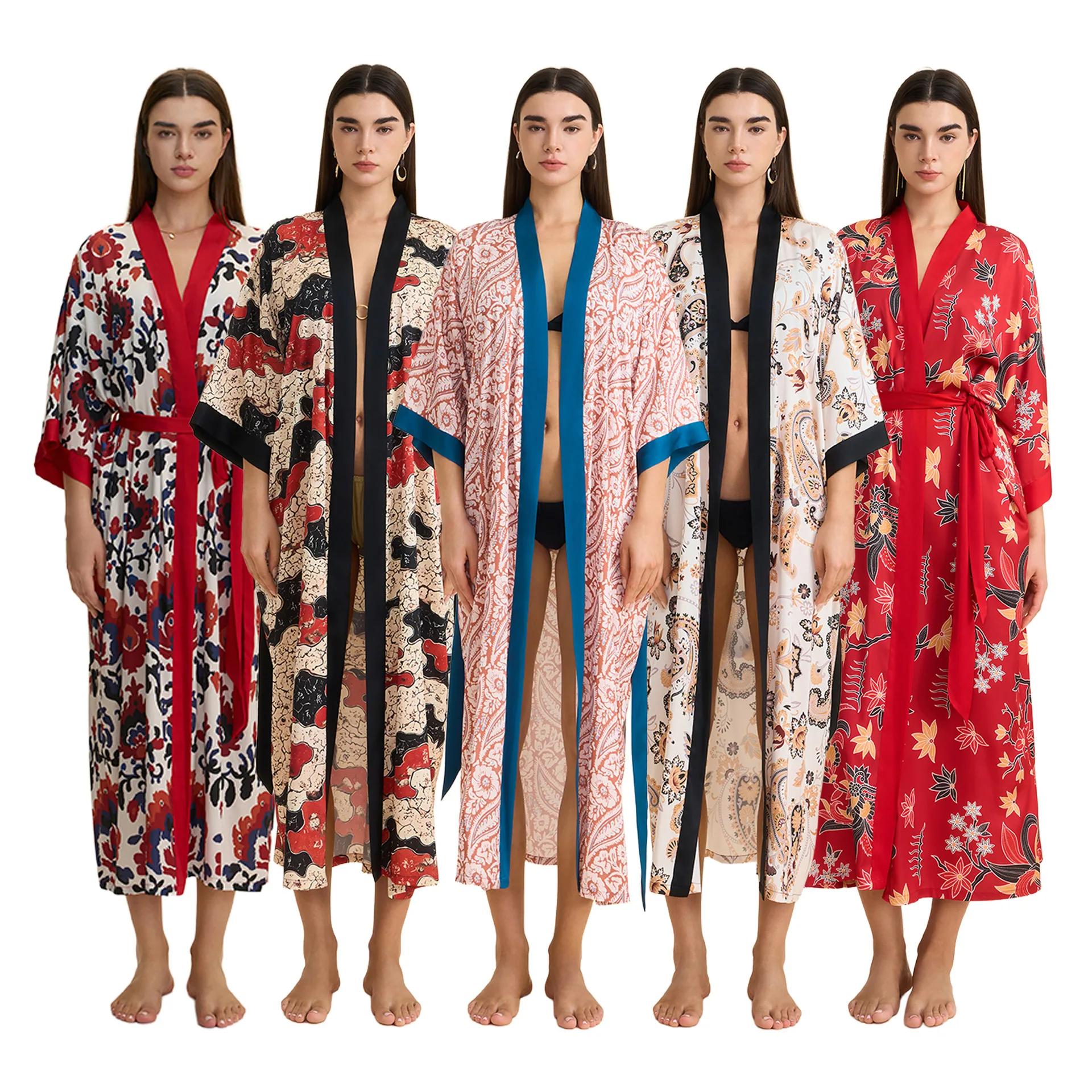 Women's Flower Print Long Bathrobe Sexy Silky Satin Wedding Robe Kimono Dressing Gown Sleepwear Loose Home Dress Nightgown