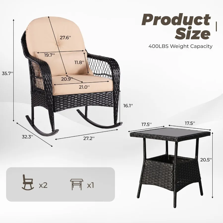 3 pçs ao ar livre cadeira de balanço de vime conjuntos de móveis pátio rattan cadeiras de balanço com 2 cadeiras de rattan almofadas mesa lateral superior de vidro