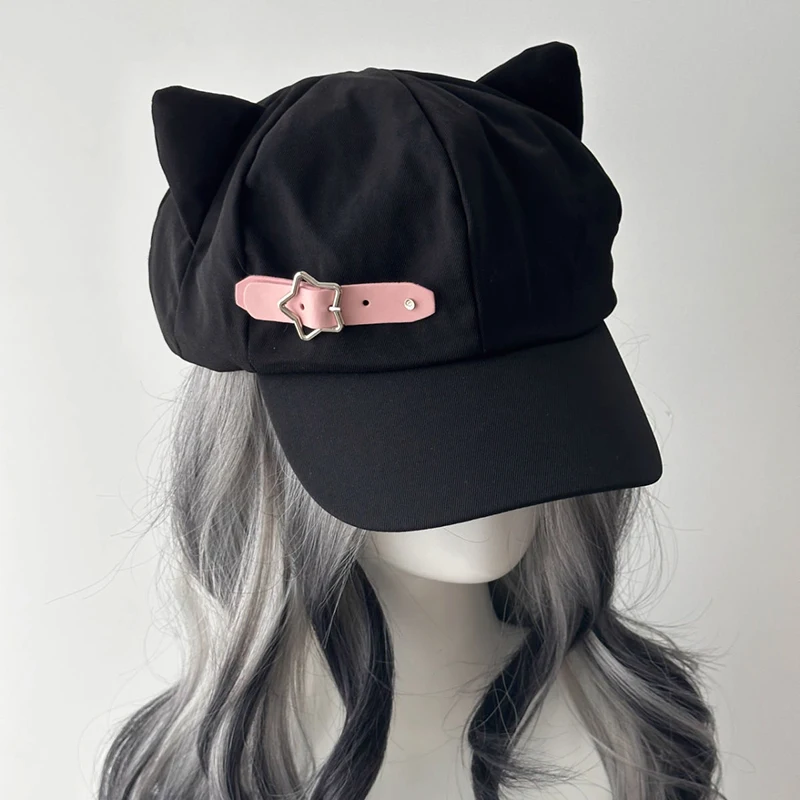 óm Lustige Wong Katzenohren Harajuku Gothic Lolita Baskenmütze Y2K Mädchen Steampunk Punk Reißverschluss Handgefertigte Sonnenhutkappe – Detail 13