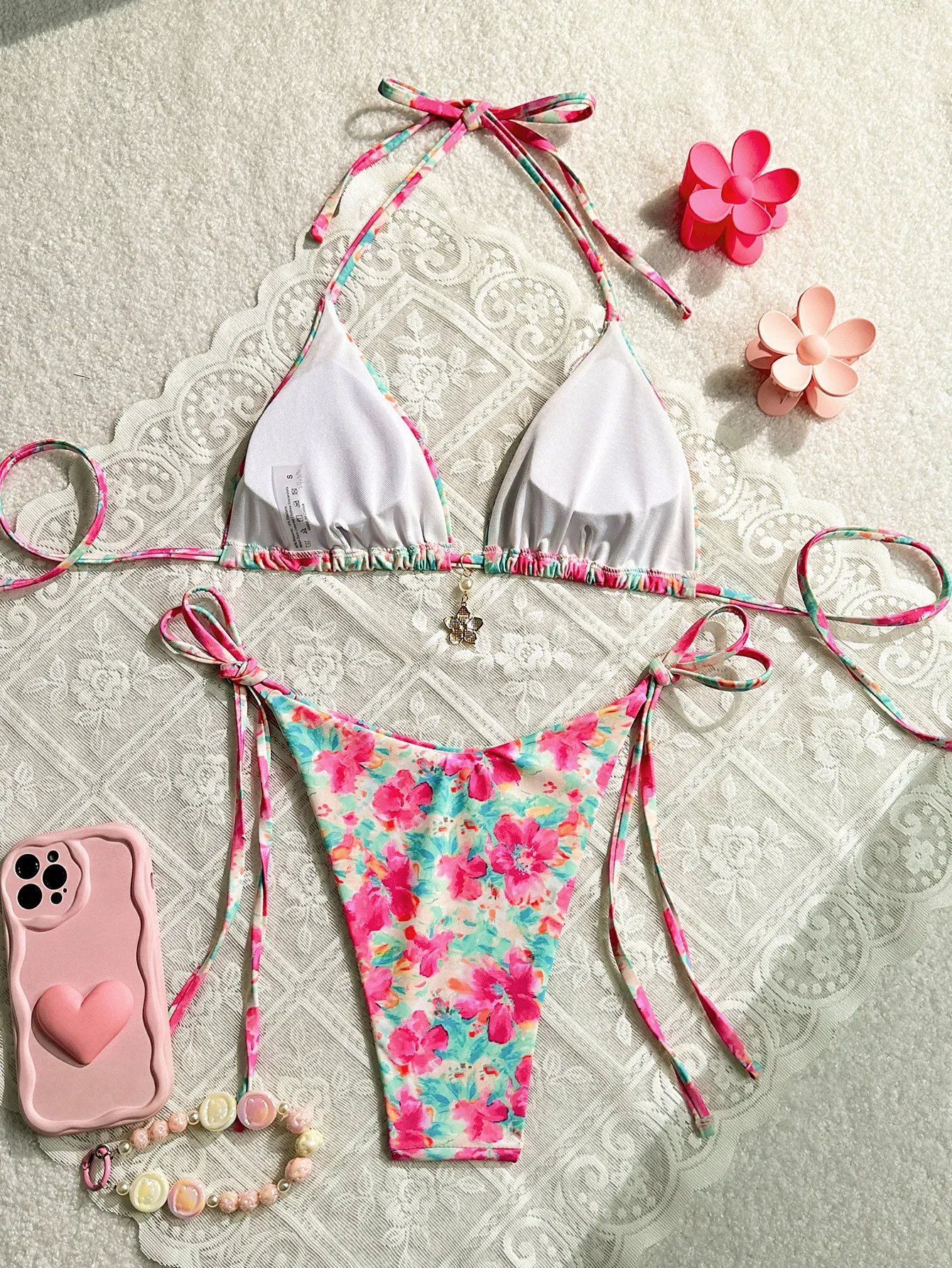 2025 New Women's Bikini Set Pink Floral Print 2 Piece Swimsuit Sexy Triangle Push Up Halter Backless Swimwear Beach Bathing Suit