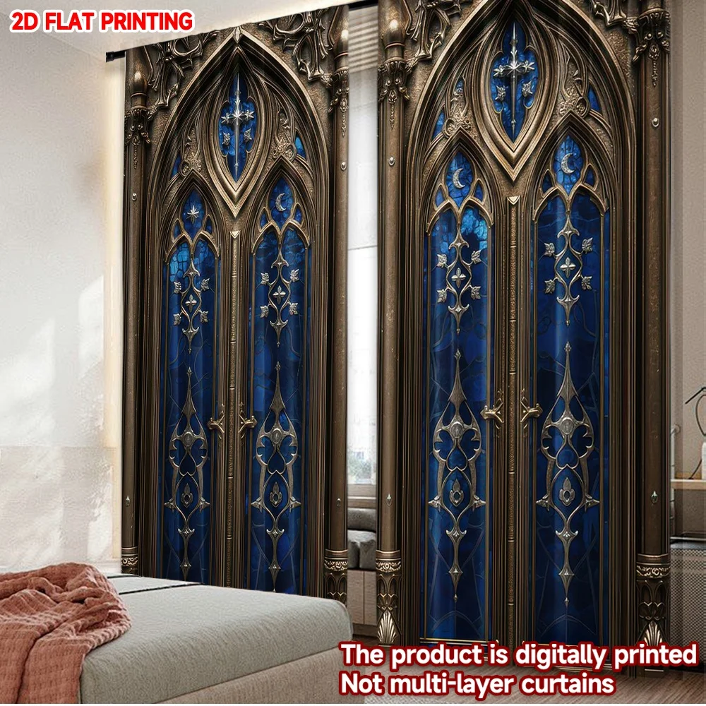 2D flat printing 2pcs Curtain Curtain Gothic Blue Stained Glass Digital Printed Polyester Drapes Family Party Decoration Perfect