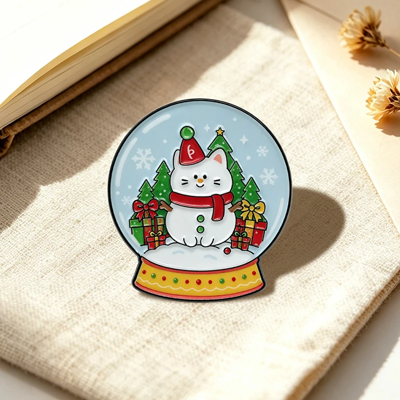 Christmas Cat Pins 6-style Enamel Metal Wreath Snow Globe Animal Brooch Pin On Clothes Bags Badge Fashion Accessories Gifts