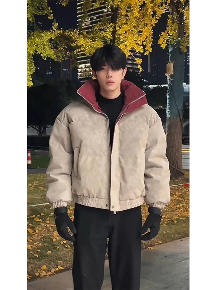 

American Sle Tie Dye PU Leather Jaet Cotton Jaet Men Winter Thiened ape Cool Cotton Coat ort Stand Collar Basebal...