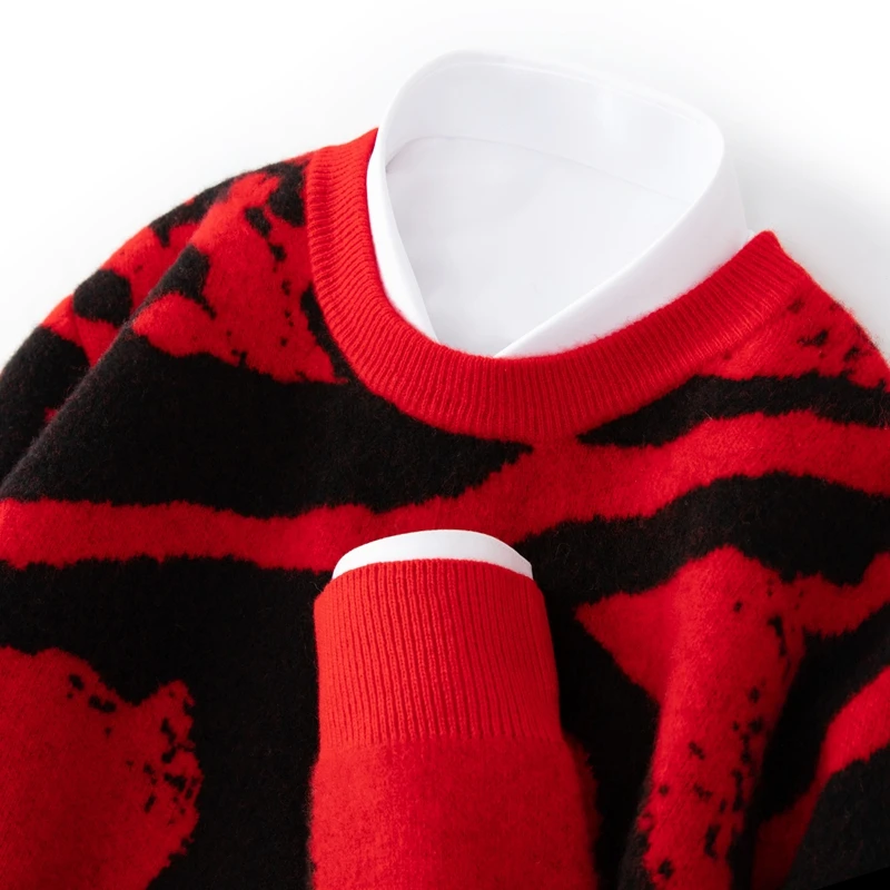 New Jacquard Contrast Men's Crewneck Sweater in Autumn and Winter 100% Pure Wool Knitted Bottom Shirt