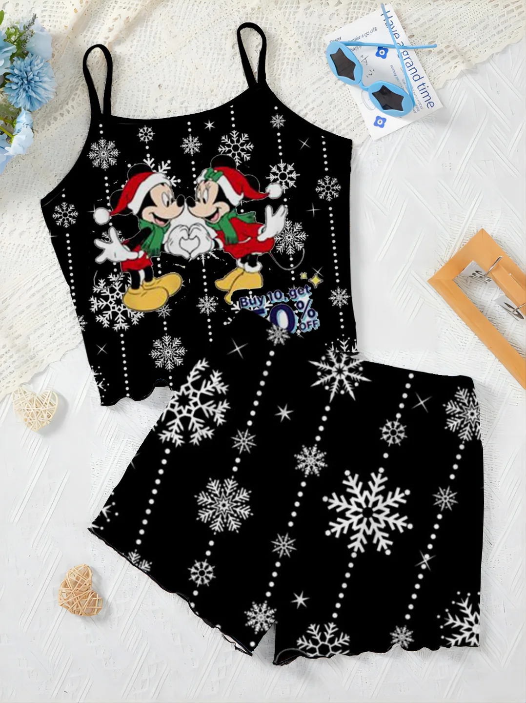 Elegant Women's Sets for Women 2 Pieces Disney Slip Dress Mickey Lettuce Trim Christmas Pajama Skirt Minnie Mouse T-shirt Short