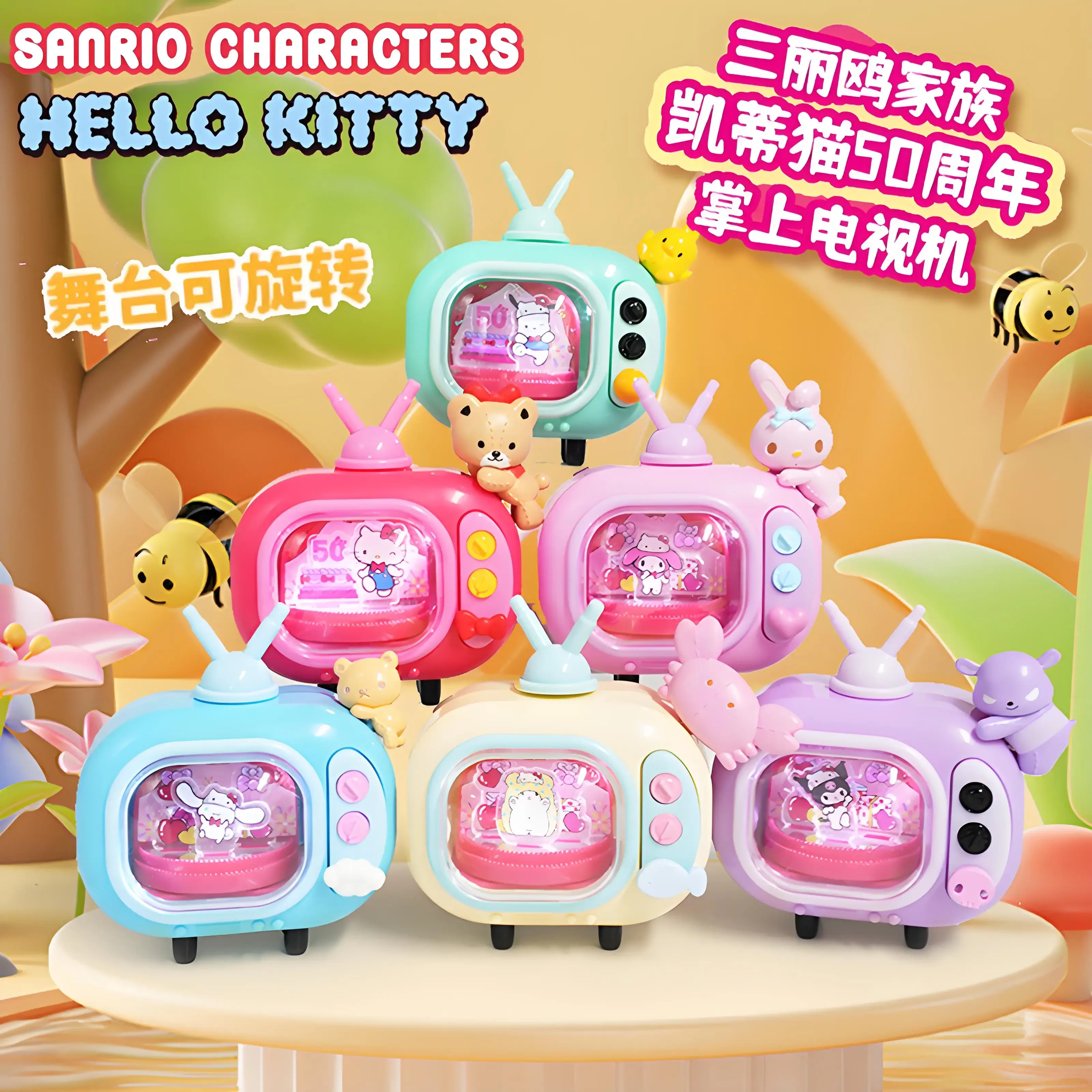 Sanrio família olá kitty 50th bolso tv melodia kuromi cinnamoroll pochacco presentes brinquedo modelo anime figuras coletar ornamentos