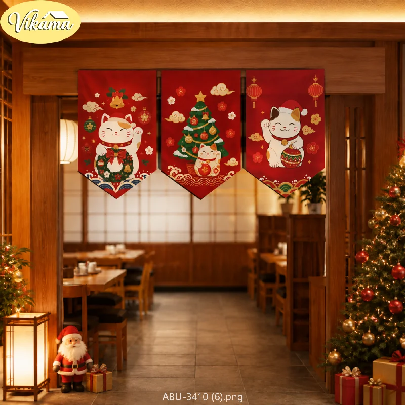 VIKAMA Christmas Fabric Triangle Banners, Japanese Maneki-neko Christmas Tree Wreath Pattern Triangle Banner Set, Home Decor