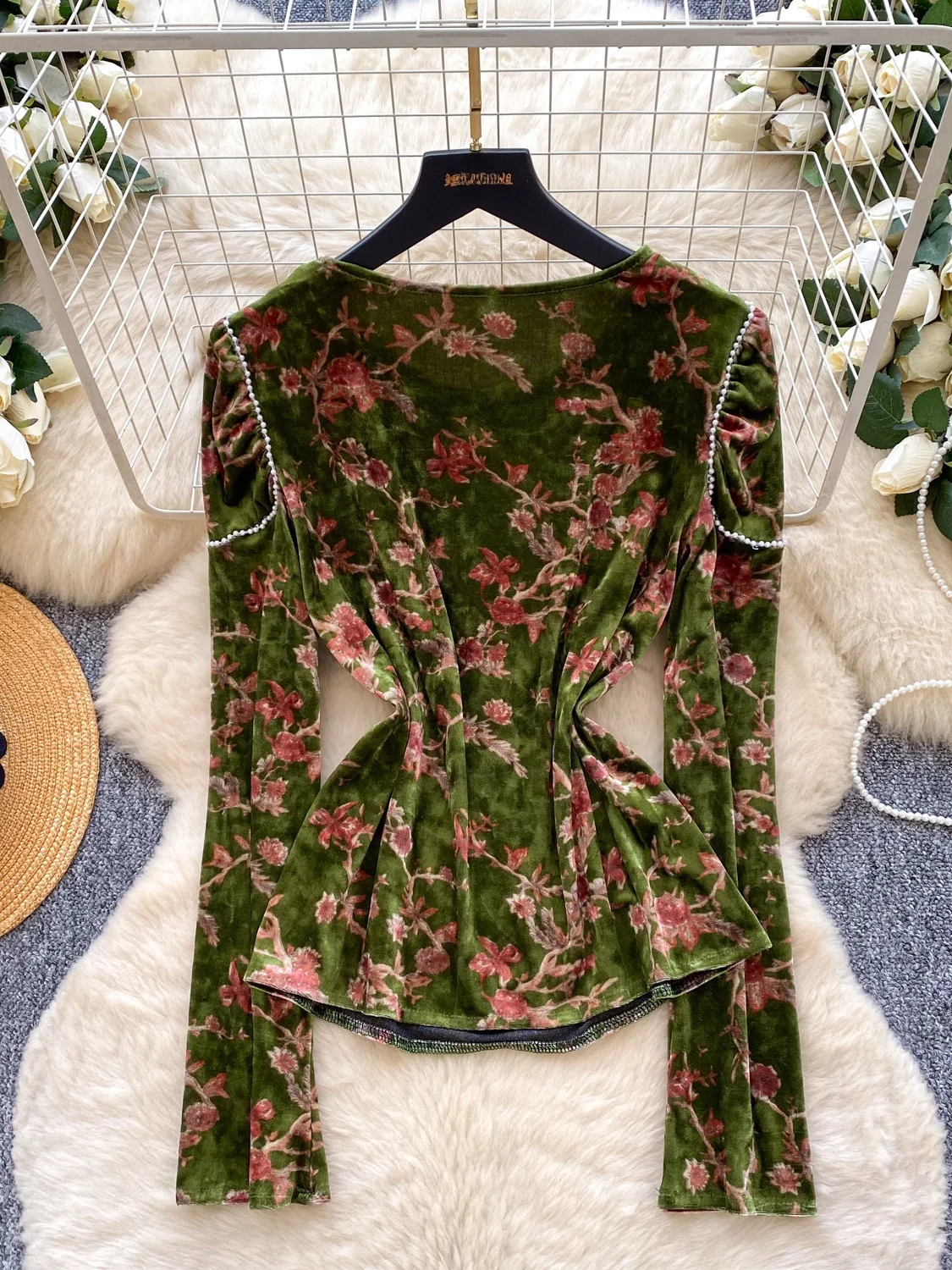 Retro Velvet Long Sve irt Damen New Sle Commute Loose Anti-Aging Ele Manner Top Blumendruck Koreanische Version