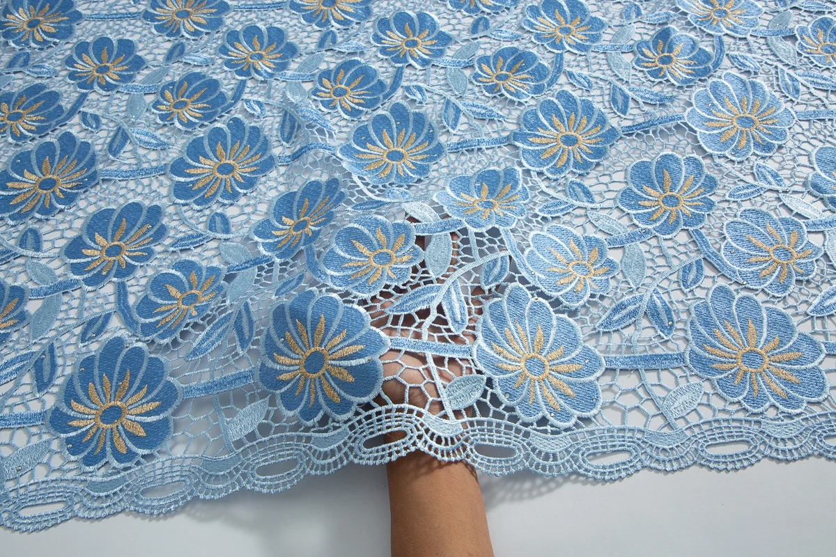 Sky Blue Water Soluble Nigerian Lace Fabric 2024 High Quality Crystals Elegant African Cord Guipure Lace Fabric for Dress A3745