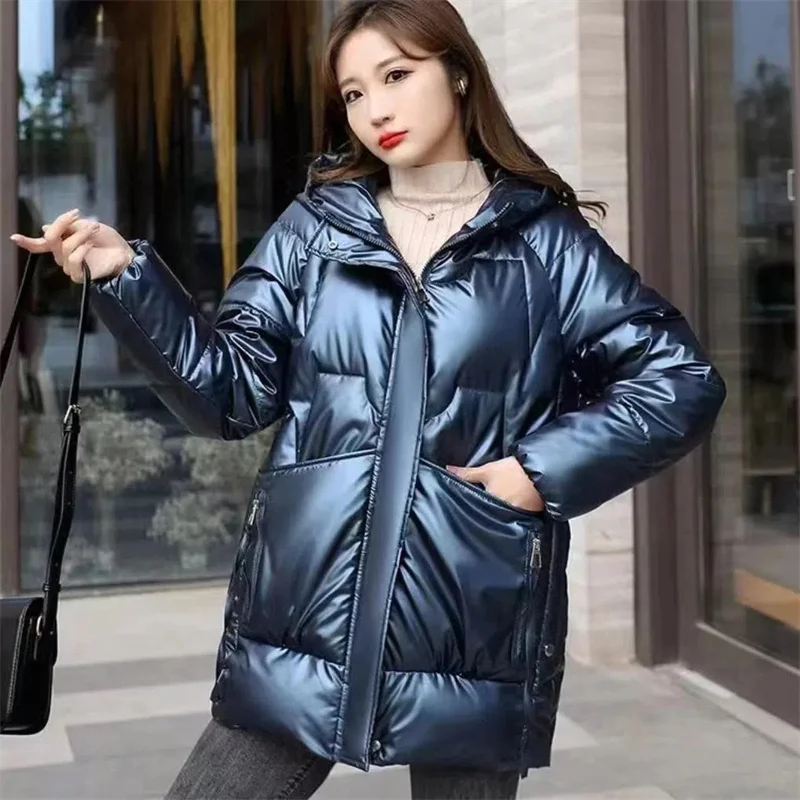 

2024New Winter Women Cotton-Padded Jacket Mid-Length Hooded Coat Shiny Wash-Free Korean Thickened Down Padded Jackets Female Top