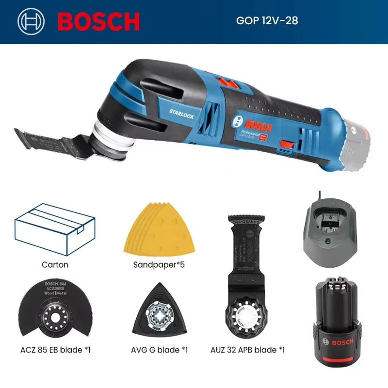 

Беспроводной колеблющийся многорезак Bosch GOP 12V-28, 12 В, бесщеточный держатель Starlock, орбитальный ход без нагрузки, скорость хода 5000-20000 ОБ/мин