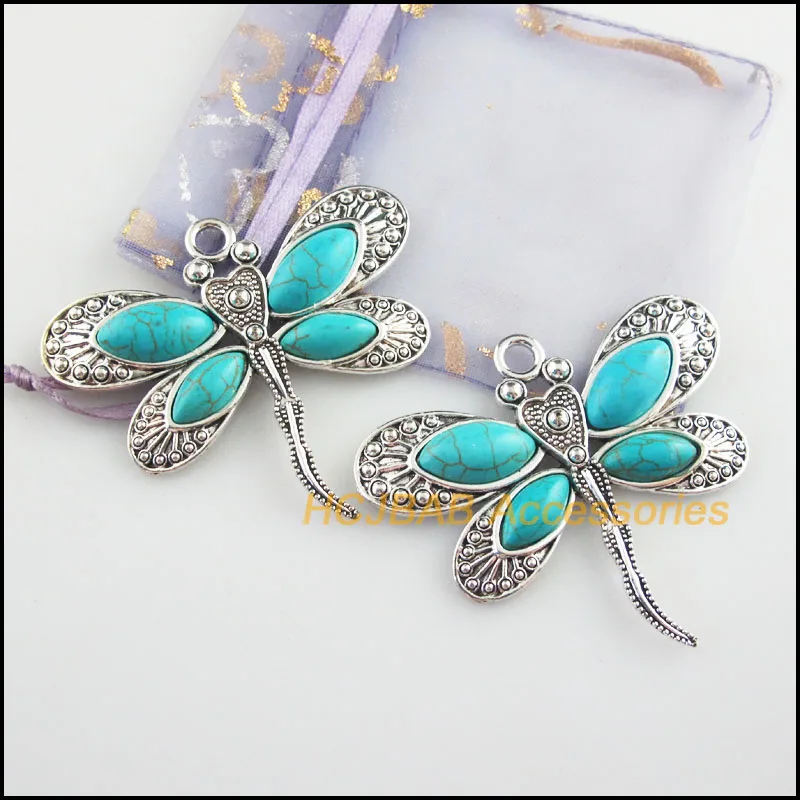 2Pcs Tibetan Silver Plated Animal Dragonfly Blue Stone Charms Pendants 61x53mm