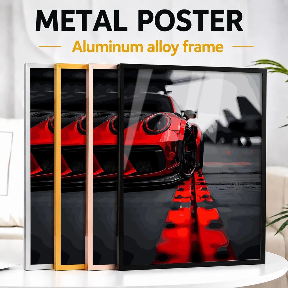 Red Sports Car On Runway Framed Aluminum Metal Poster Customized Photo Neon Street Style Wall Art For Garage Unique Driver Gift