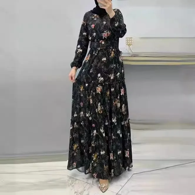 Casual Floral High Neck Long Dress for Women Islam Muslim Dress Women Belt Dubai Abayas African Robe Musulmane Femme Vestidos