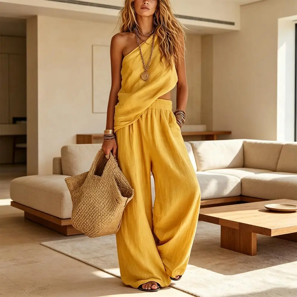 Women Wide Leg Trousers Plus Size Wide Leg Pants Cotton Linen Two-piece Set for Women One Shoulder Top Wide Leg Pants Matching