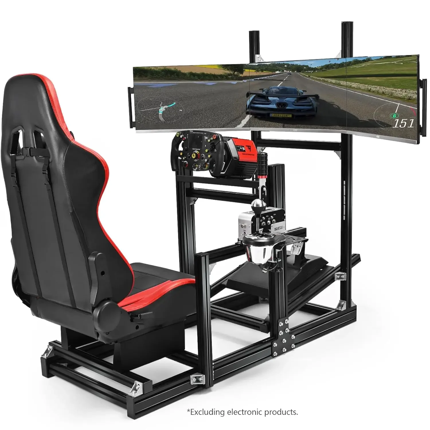 Racing Simulator Stand, Triple Monitor Mount, Red Seat, Fit Logitech, Aluminum Adjustable, Wheel/Pedals/Shifter Not Included