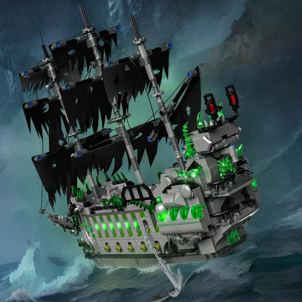 

Пиратский корабль-призрак, морская акула, строительные блоки, игрушки - встроенный скелет-акула и пиратский корабль-призрак, светодиод - освещение для захватывания