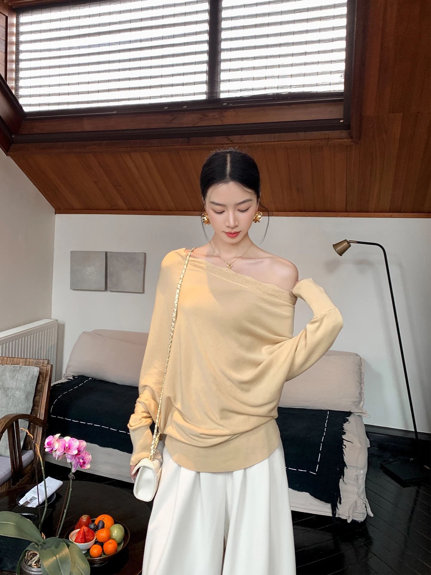 

Slimming Knitted Top Shoulder Bared One-Shoulder Neckline Casual Style Women's Fashion Spring New Arrival Breathable Comfortable