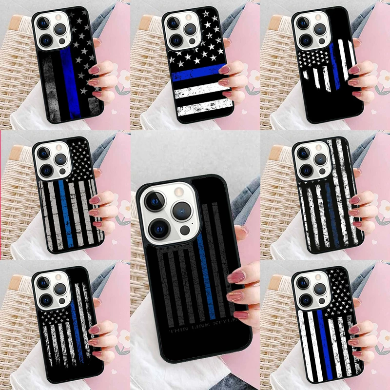 Police Styled Thin Blue Line Flag Phone Case Cover for iPhone 16 Promax 15 Pro 13 14 Plus 11 12 Mini XR XS MAX Coque