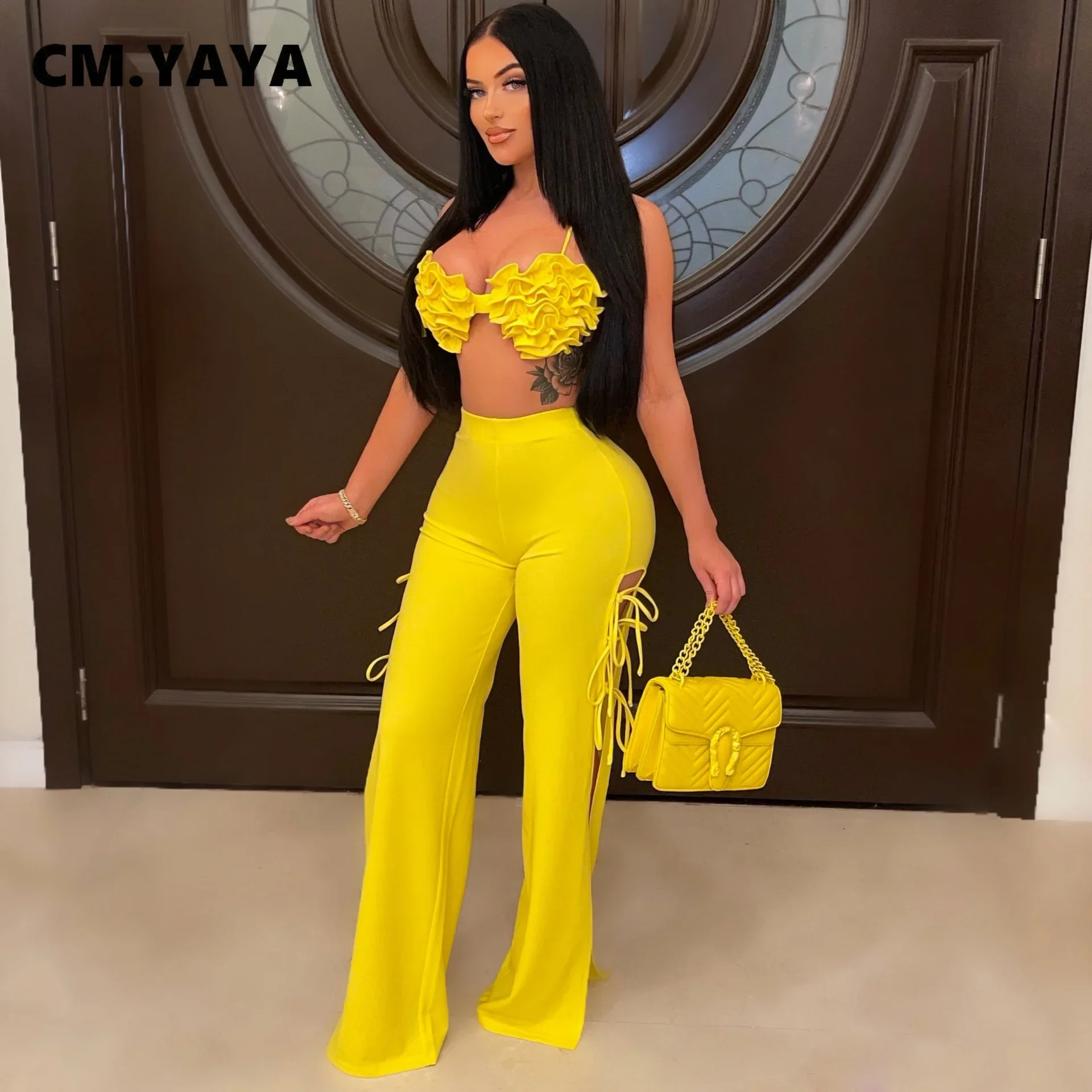 CM.YAYA 2022 Summer Women 2 Piece Set Floral Bra Tops and High Side Split Lace Up Wide Leg Pants Set Sweatsuit Tracksuit Outfits