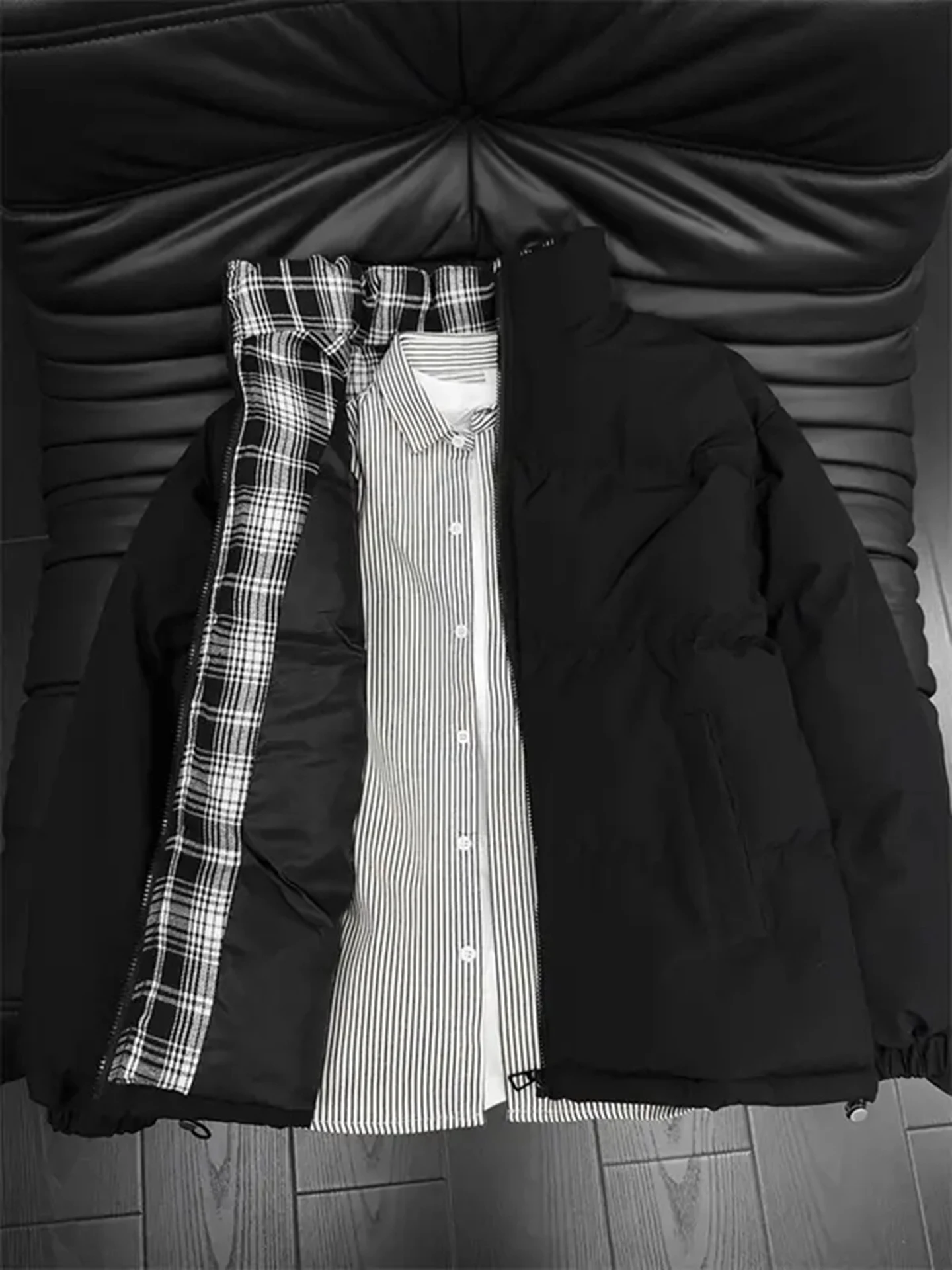 

Bla American Plaid Splicing down Cotton Jaet Men's Autumn Winter Trendy High-End Baked Goods Collar Couple's Outerwear