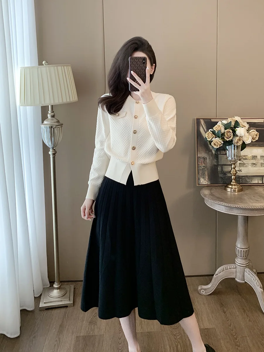 

Spring Autumn New Fashion Casual Set Women's Long Sleeve Short Knitted Cardigan High Waist Half Skirt Knitted 2 Piece Set Skirt