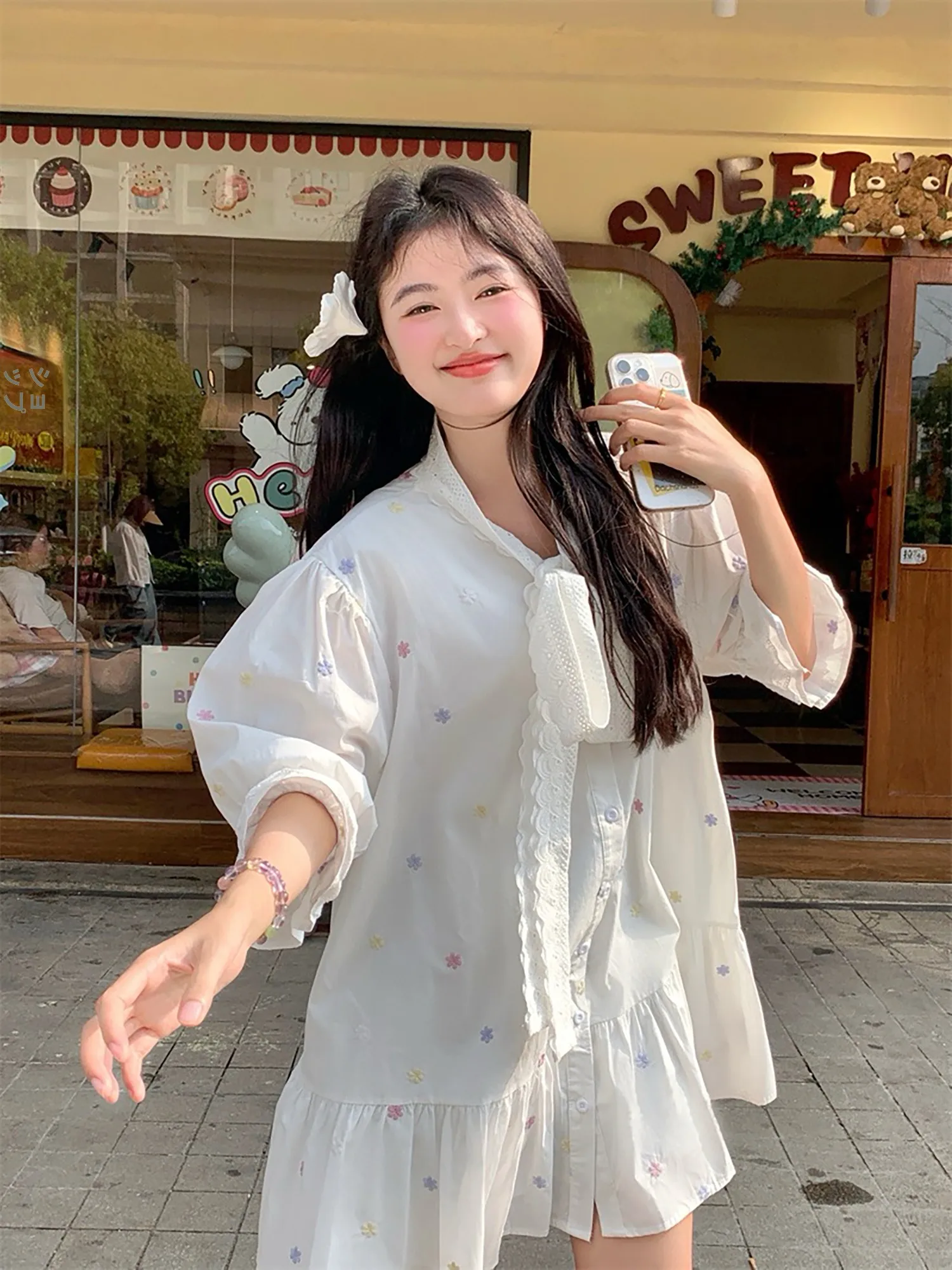 

Spring Sweet Embroidered Belted Short Skirt Dress Women's Loose Casual A-Line Dress Lace Trim College Style Spring Dress