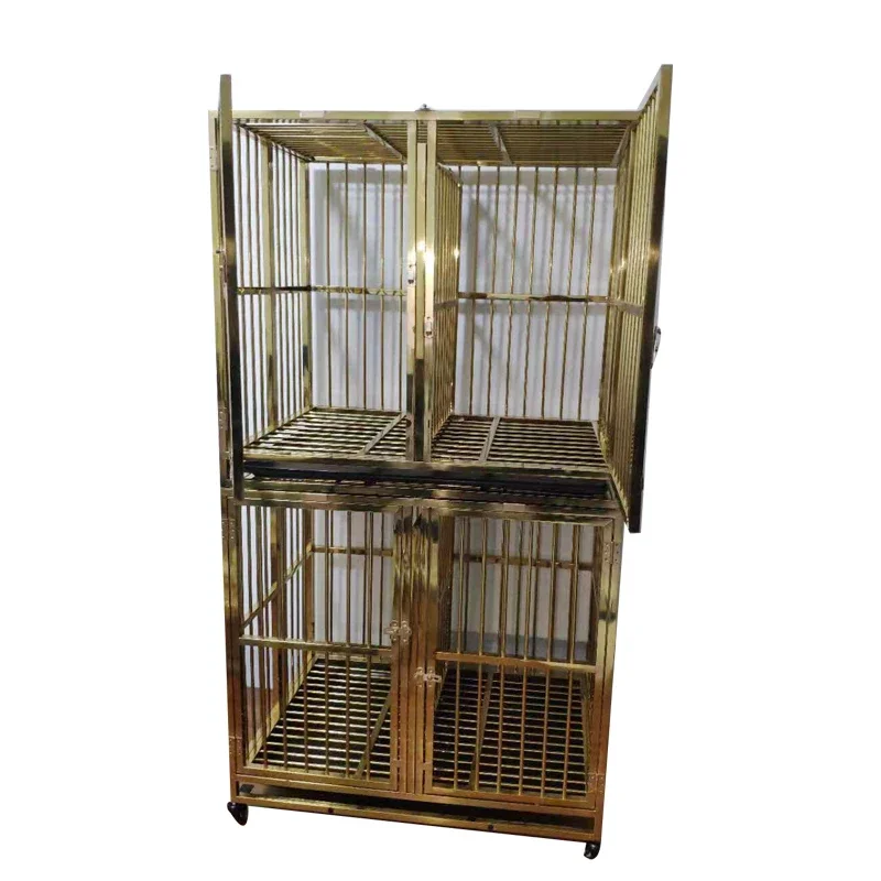 Para móvil con poleas doble capa cuatro puertas jaula de perro de lujo de acero inoxidable jaula de perro doble