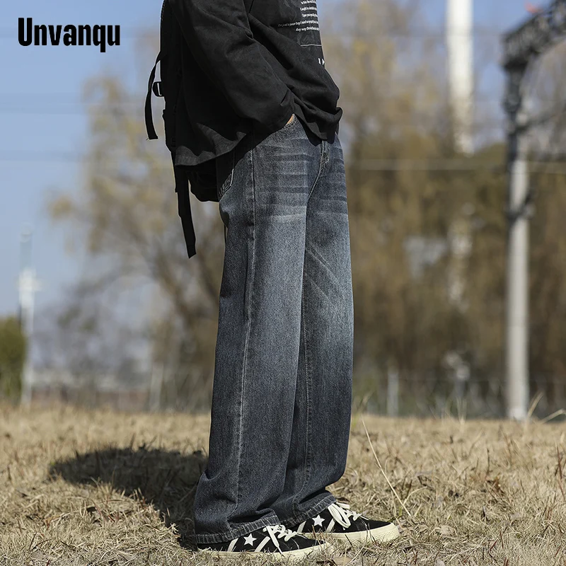 Unvanqu 2024 Spring Summer Fashion Street Simple Loose Straight Jeans Men\'s Casual Wide Leg Pants Jogging Hip Hop Denim Trousers