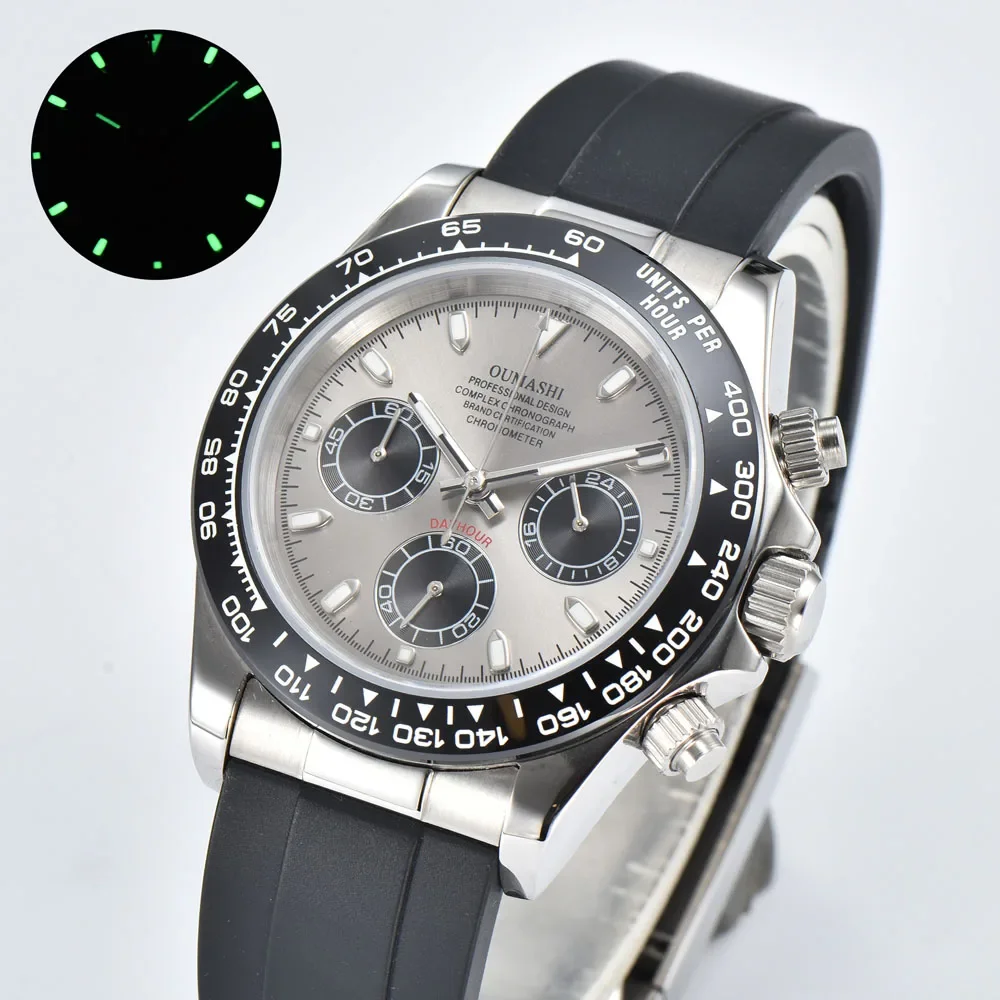 Jam tangan quartz mewah pria 39,3mm dengan strap karet, kristal safir, dan mesin quartz Jepang VK63, dapat dikustomisasi dengan logo.