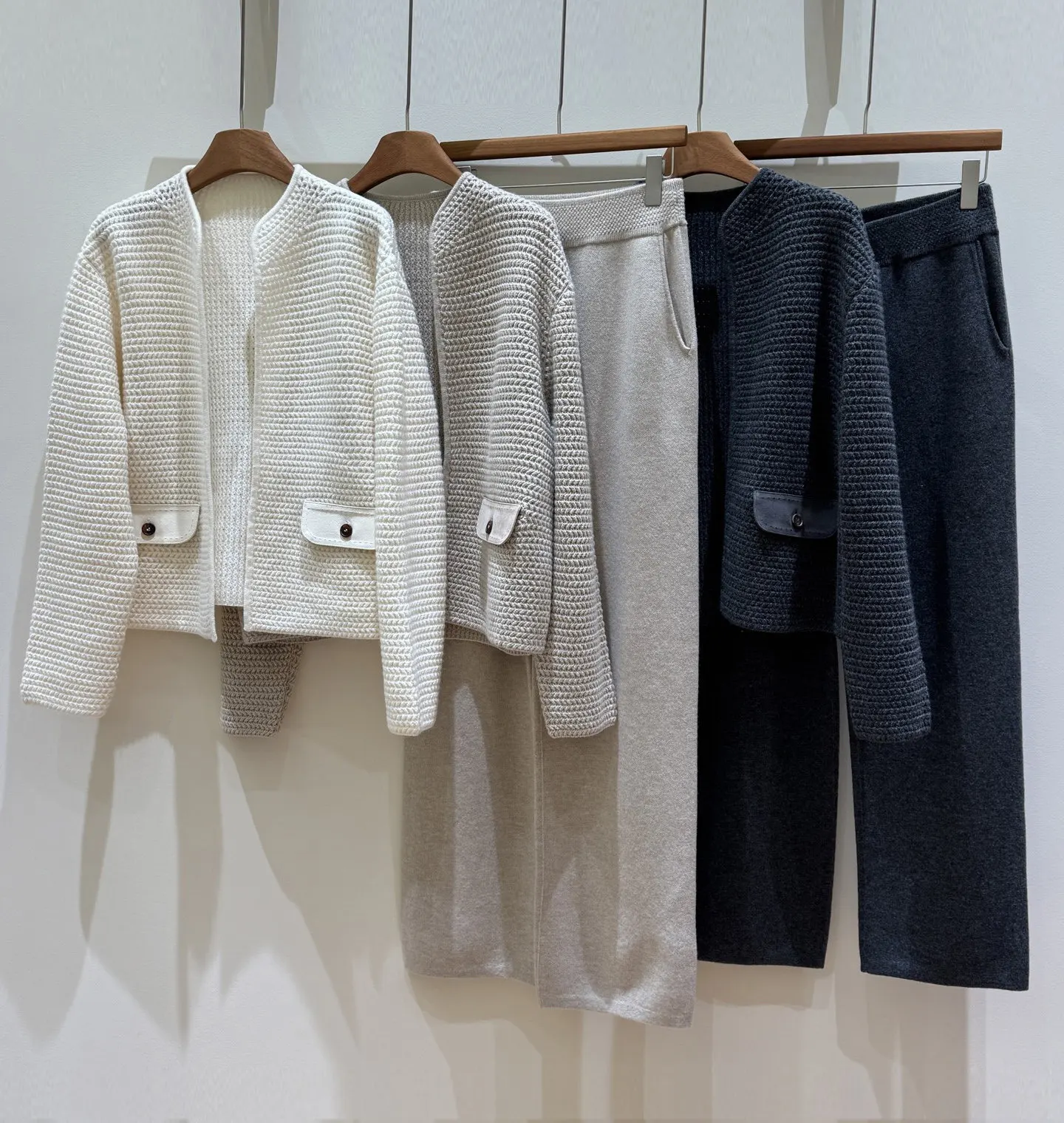 2026 Autumn Winter New Wool Cashmere Stand-up Collar Knitted Cardigan Paired With Elastic Waist Straight Leg Pants Casual Suit