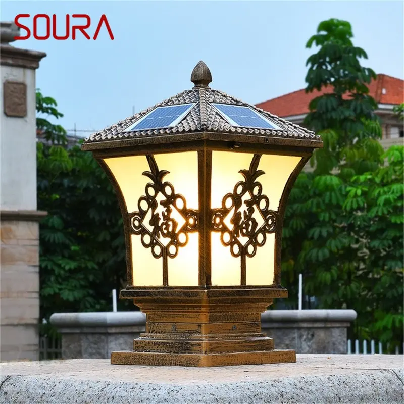 

SOURA Solar Outdoor Classical Post Light Retro Waterproof Pillar LED Wall Lamp Fixtures for Home Garden