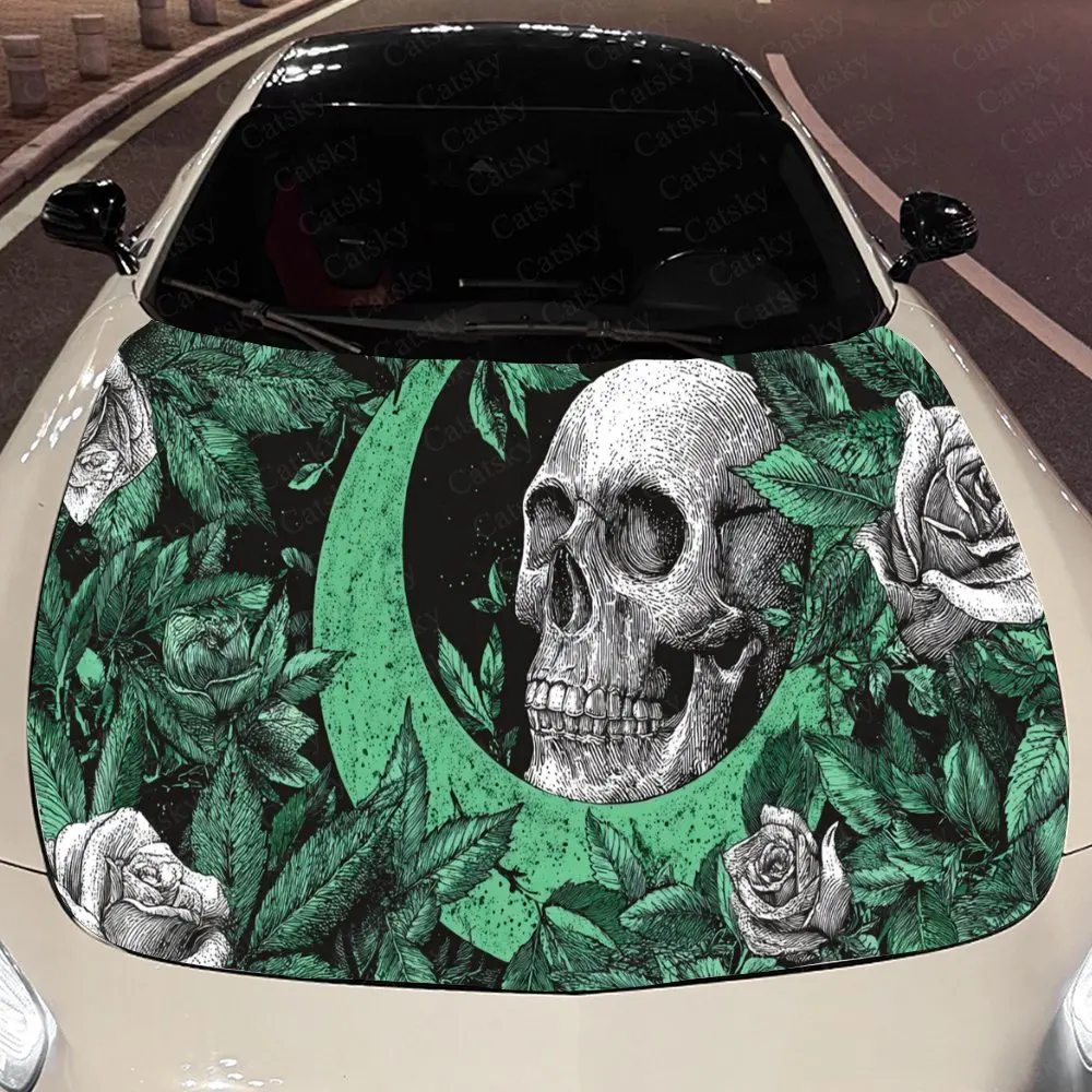 Magical Green Floral Skull Auto Cover Sticker, Waterproof and Self-adhesive Auto Hood Decal, Auto Vinyl Wraps, Cool Car Exterior