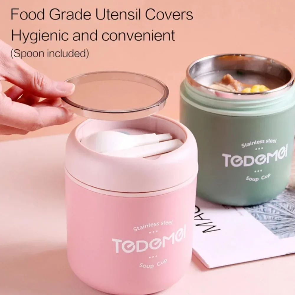 304 Stainless Steel Breakfast Cup with Lid and Spoon Insulated Soup Mug 530ml Double Wall Vacuum Travel Tumbler Leakproof Wide Mouth BPA Free Soymilk Cup for Commute Office Travel Outdoor Picnic Yoga Camping