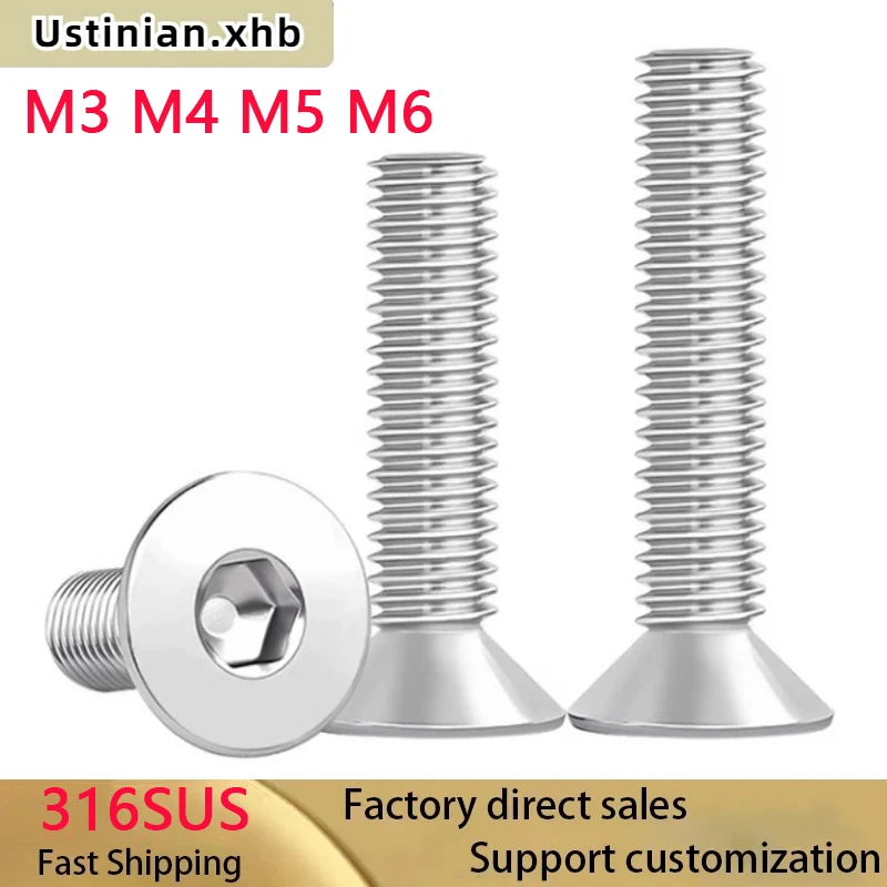 

M3 M4 M5 M6 Hexagon Socket Flat Countersunk Head Screw 316 Stainless Steel Hex Socket Lengthened Bolts Length : 4-100mm