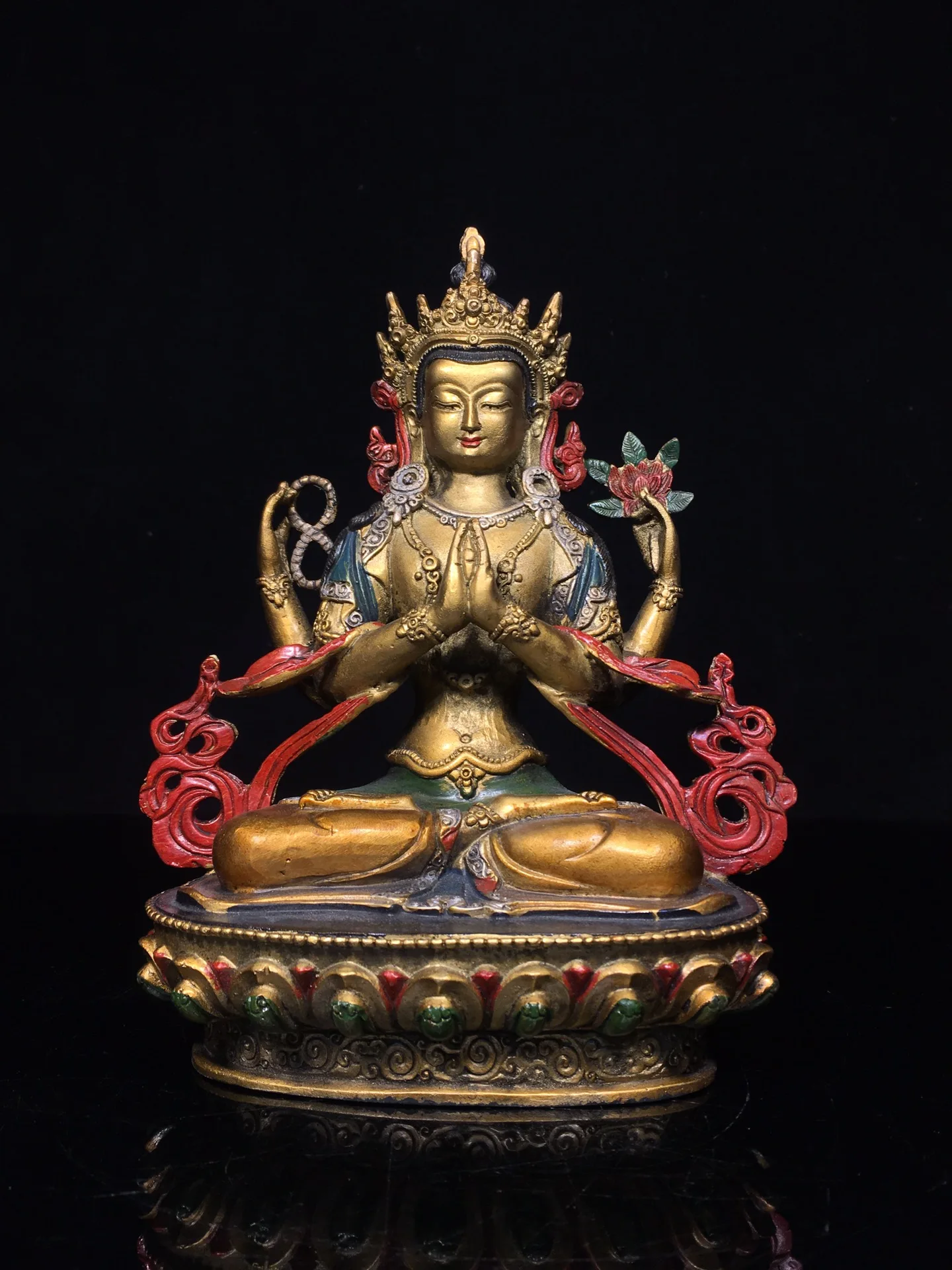 

8"Tibetan Temple Collection Old Bronze Painted Gilded Four armed Guanyin Sitting Buddha Lotus Terrace Worship Hall Town house